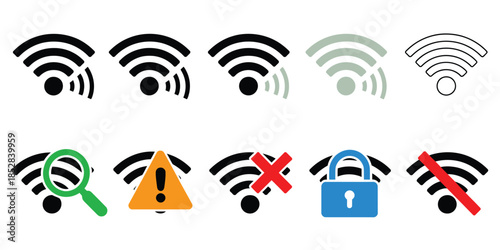 Wi-fi vector icon collection showing full signal, weak connection, error, security and no-connection status indicators, suitable for mobile apps, websites, network dashboards and user interface design