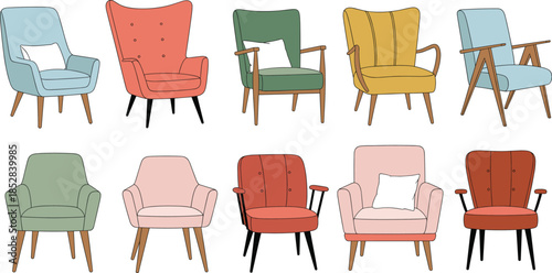 Set of mid century modern armchair vector illustrations with colorful upholstery for interior design home decor and furniture catalogs.