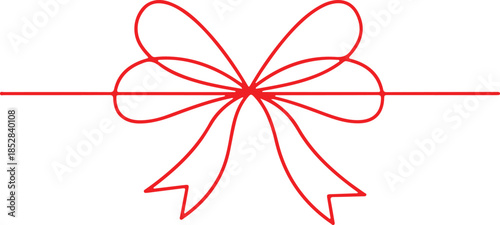 Doodle gift bow. Simple doodle red bows with string and knot for present. Black bow with tied rope and ribbon knot. Simple line design of string and thread for gift wrapping or marine cord.