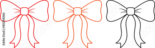 Line gift ribbon border. Red bow gift ribbons minimal line set. Vector bow and ribbon set. Red white striped String with knots and loops.