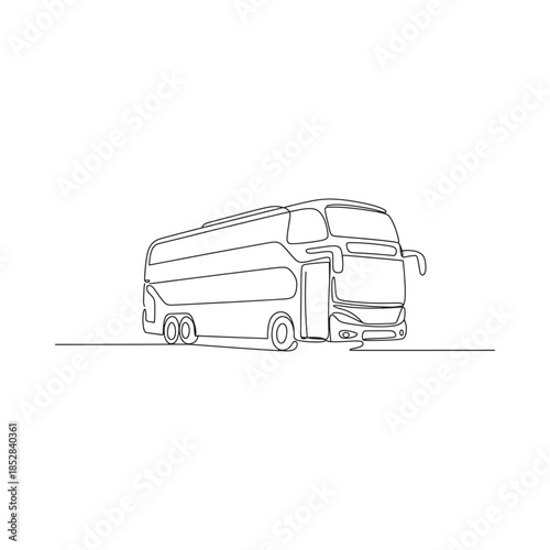 A single continuous line drawing depicts the side profile of a large tour bus
