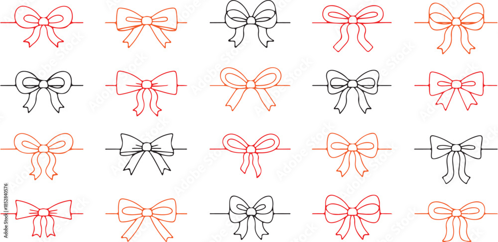 Fototapeta premium Line gift ribbon border. Red bow gift ribbons minimal line set. Vector bow and ribbon set. Red white striped String with knots and loops.