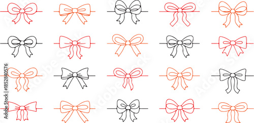 Line gift ribbon border. Red bow gift ribbons minimal line set. Vector bow and ribbon set. Red white striped String with knots and loops.