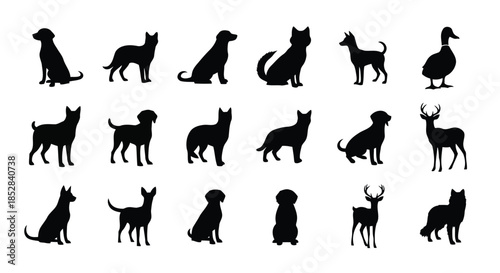 Collection of animal silhouettes including dogs, cats, deer, and duck on white background vector