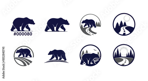 Collection of bear silhouettes and nature icons in dark blue and gray vector