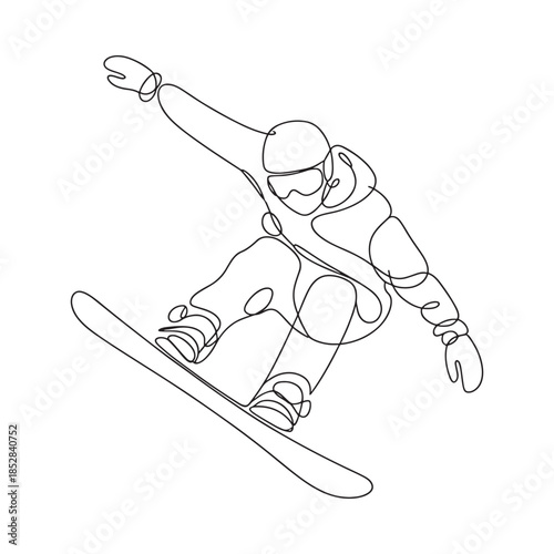 A continuous line drawing of a snowboarder in an active dynamic pose