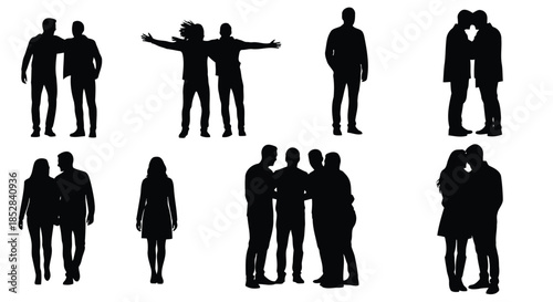 Collection of people silhouettes in various poses isolated on white background vector