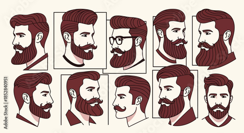 Vector illustration of a man with various beard styles on a beige background