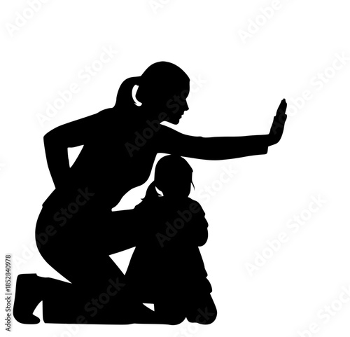 Mother protecting her child with a gesture of defense, illustration silhouette