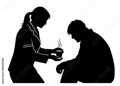 Kindness and compassion shown through offering a warm beverage to someone in need