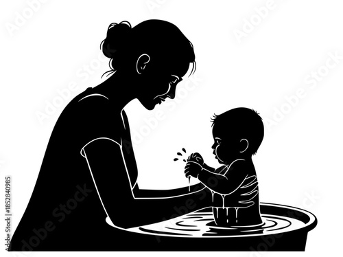 Silhouette illustration of a mother gently bathing her baby, emphasizing tender care and family bonding moments