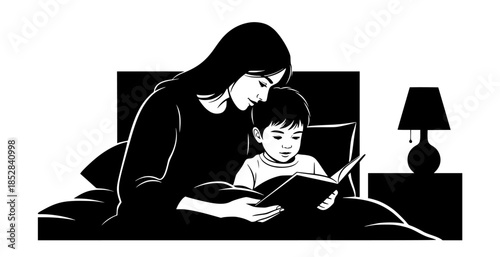 Mother reading a bedtime story to her child in bed