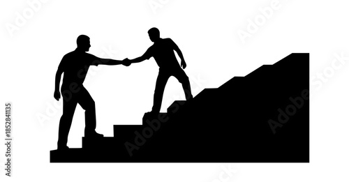 Two people helping each other climb stairs, symbolizing support and teamwork