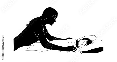 Mother's gentle touch soothes her sleeping child