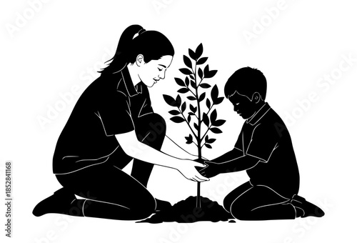 Woman and child planting a tree, symbolizing environmental care and growth