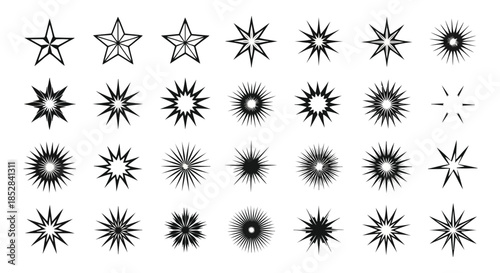 Collection of black starburst and explosion graphic design elements on white background vector
