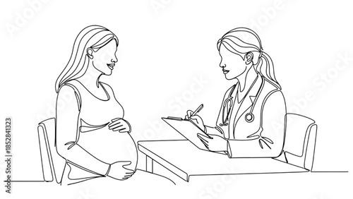 High-quality black continuous line art of pregnant woman at doctor’s appointment consulting healthcare professional, maternity care, prenatal checkup, motherhood wellness illustration