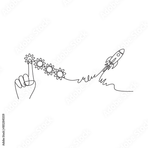 A hand pointing towards a rocket ship formed from sunflowers in a single line