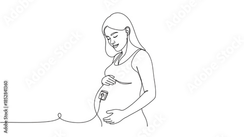 High-quality black continuous line art of pregnant woman listening to baby’s heartbeat with Doppler, prenatal care, maternity wellness, motherhood illustration