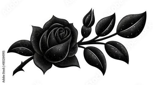 Black rose illustration, floral silhouette, elegant botanical design, romantic flower, decorative leaf pattern, vintage style, isolated on transparent background