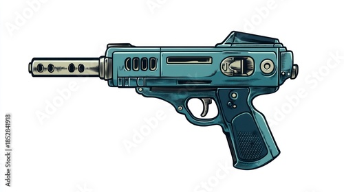 Stylized illustration of futuristic weapon against white background