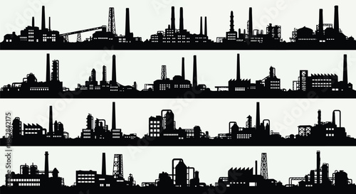 Industrial city skyline with factory silhouettes on light gray background vector
