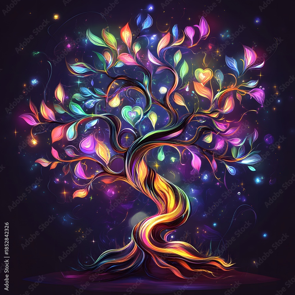 Obraz premium A whimsical tree with rainbow leaves and twinkling stars in the background.