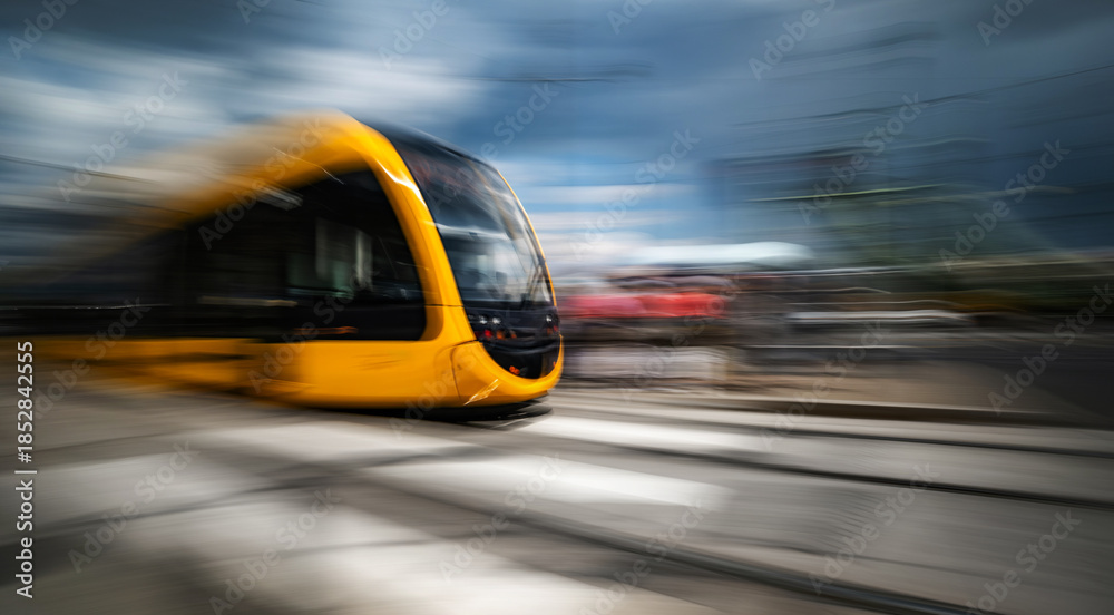 Obraz premium Rushing Yellow Tram With A Motion Blur Effect Moves By A City Street In Budapest