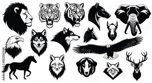 Collection of black and white animal silhouettes on white background vector