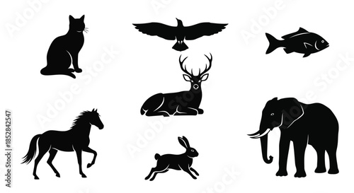 Collection of animal silhouettes on white background vector