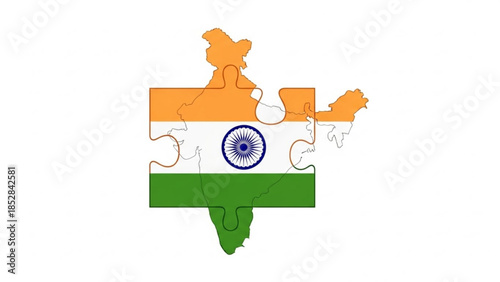 India map in puzzle pieces with national flag colors and ashoka chakra symbol on white background