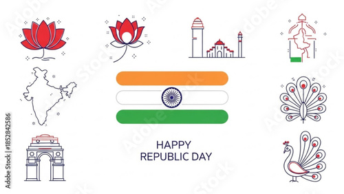 Indian republic day celebration graphics with flag, lotus, taj mahal, peacock, and map, vibrant patriotic illustrations