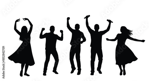 Five people dancing in silhouette on white background vector