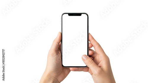Two hands holding smartphone with blank white screen, mobile phone mockup isolated on transparent background
