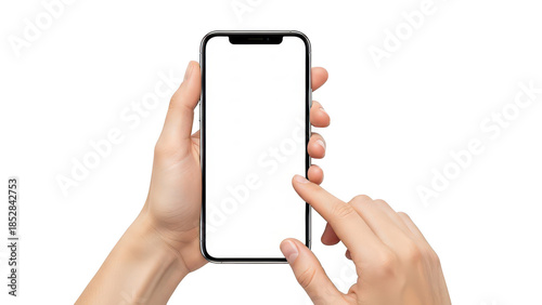 Hands holding smartphone with blank screen and tapping finger, mobile phone mockup for app UI presentation isolated on transparent background
