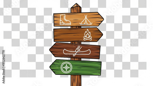 Wooden signpost with camping, hiking, kayaking, and compass icons on transparent background