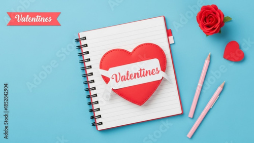 Valentines day themed notebook with heart and rose on blue background with pink pens