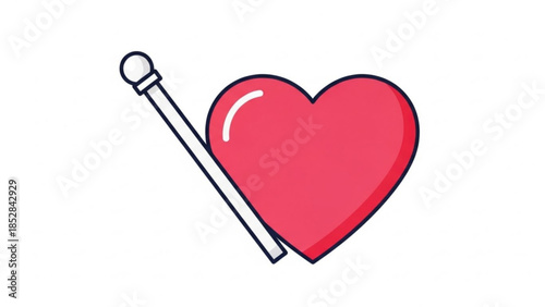 A vibrant red heart pierced by a white arrow on white background, symbolizing love and passion with a bold graphic design element