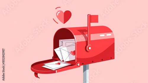 Red mailbox with love letters and heart symbol on pink background for valentine's day