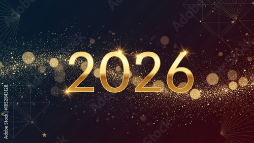 Golden 2026 new year celebration background with sparkling glitter and stars on dark blue and purple