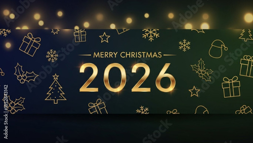 Merry christmas 2026 gold text with snowflakes and presents on dark background with bokeh lights