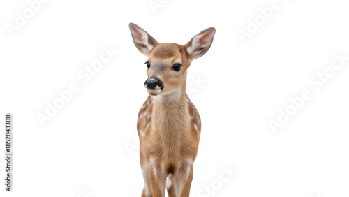 Tapety A curious young deer stands alone against a dark background looking directly at the viewer with alert ears
