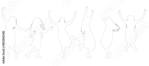 Cheerful women contours in various poses, set. Vector illustration