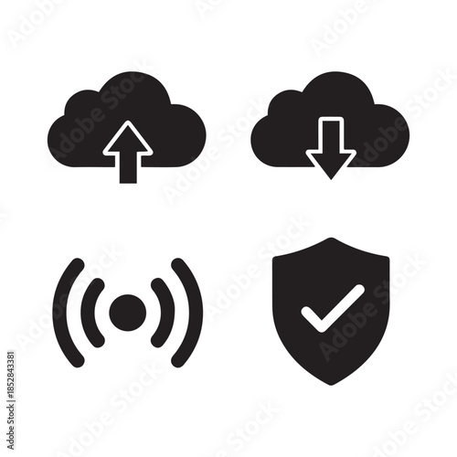 Cloud Computing and Cyber Security Silhouette Icon Set: Upload, Download, WiFi Signal, and Protection Shield