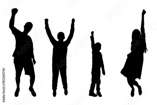 Family silhouettes with raised arms, celebrating victory and achievement, Vector illustration
