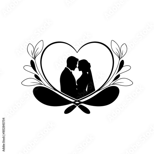Silhouette of loving couple in heart frame isolated on transparent background