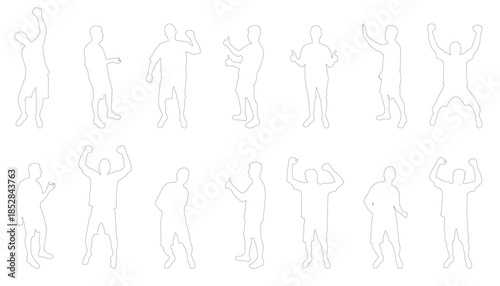 Collection of men contours cheering, jumping, and showing thumbs up gestures. Vector illustration