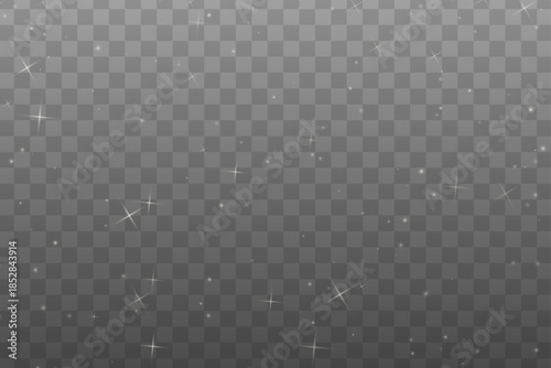 White snow and small star particles scattered across a dark checkered background. Soft glowing winter abstract texture.
