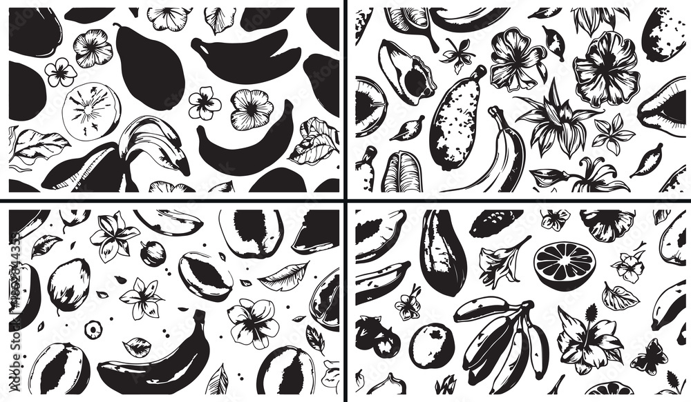 Naklejka premium abstract floral clipart, organic shape illustration, modern botanical art, hand drawn abstract flowers, minimalist nature designs, black white abstract clipart, printable abstract elements, floral sur