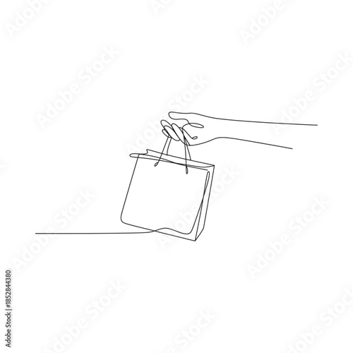 A minimalist line drawing depicts a hand holding a simple shopping bag